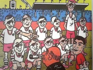 کاریکاتور روی جلد نشریه توفیق به مناسبت بازی فوتبال ایران و اسرائیل سال ۱۳۴۹