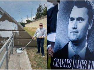 سناتور تد کروز در حال پاک کردن دیوارنوشته توهین‌آمیز علیه «چارلی کرک» در یک بزرگراه